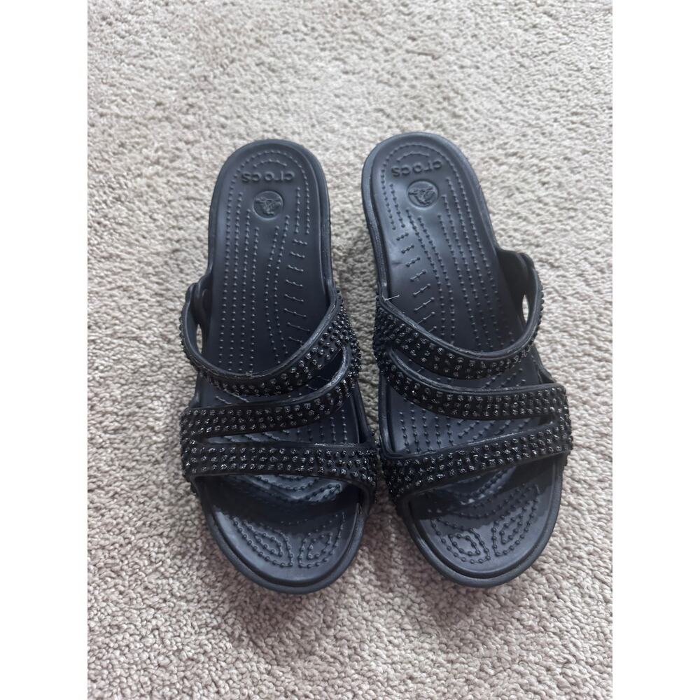 Crocs Patricia Diamante Black Studded Slip On Sandals Womens Size 8 Triple Strap - Picture 2 of 12